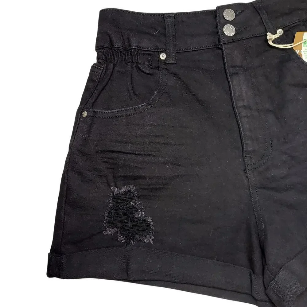 Vanilla Star Super High Rise Tapered Leg Distressed Black Denim Mom Shorts